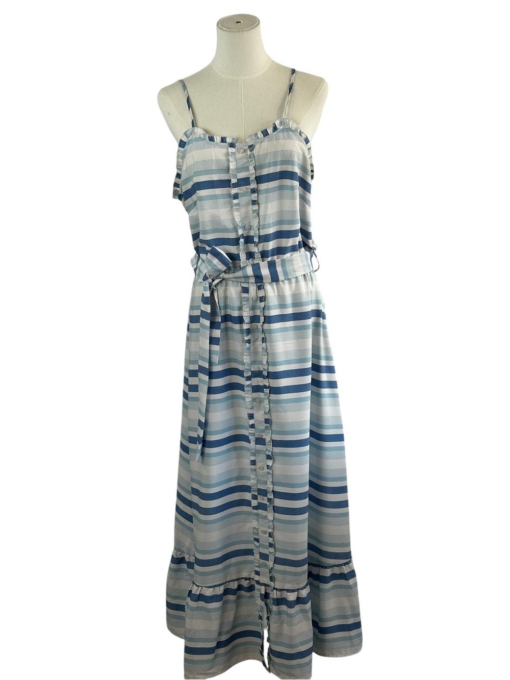 Striped Blue & White Sleeveless Maxi Dress with Belt